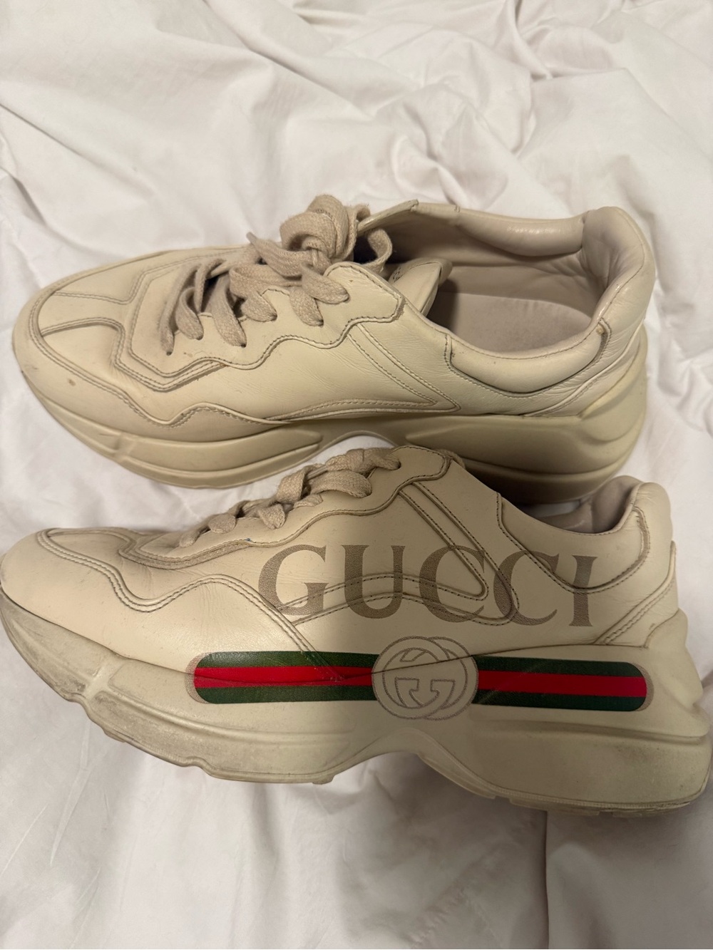 Gucci Beige Leather Rhyton Sneakers with Green-Red Web Stripe